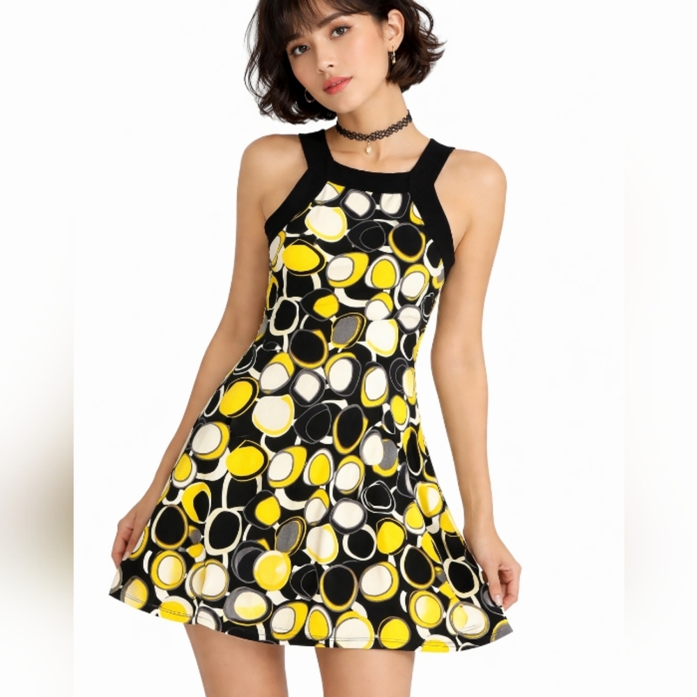 Funky Coquette 60s Halter Dress Size L Stretch Yellow Black Quirky Disco Retro